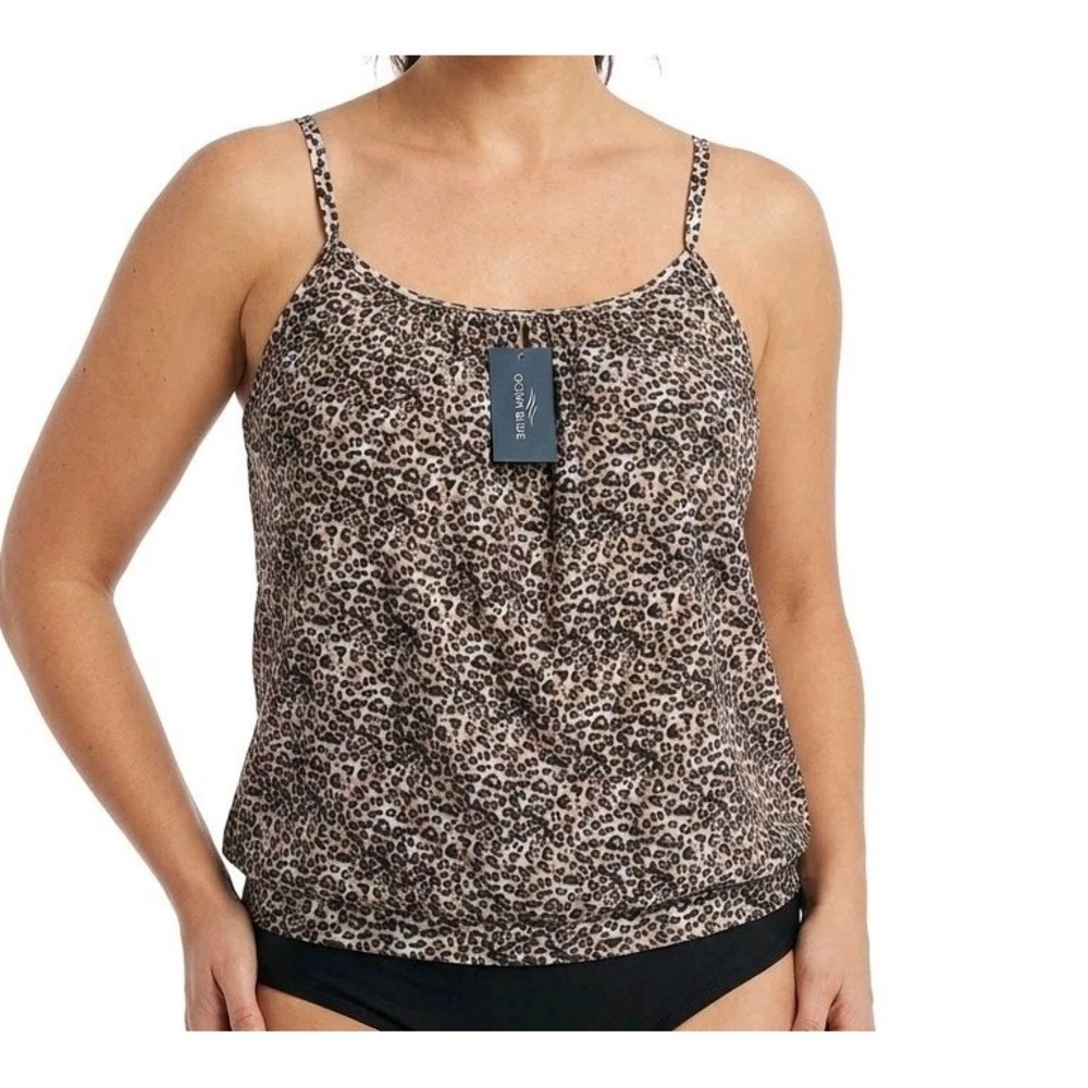 Ocean blue Women's Plus Blouson Bandeau Tankini‎ Top Leopard Print 3XL